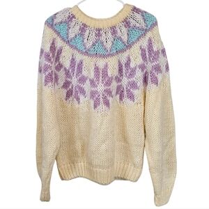 Vintage Fair Isle Butter Yellow Chunky Knit Pullover Crochet Sweater Grannycore